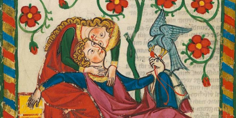Extrait d’un feuillet du « Code Manesse », célèbre manuscrit de poésie lyrique enluminé, illustrant le chasseur devenu gibier de l’amour. Artiste anonyme